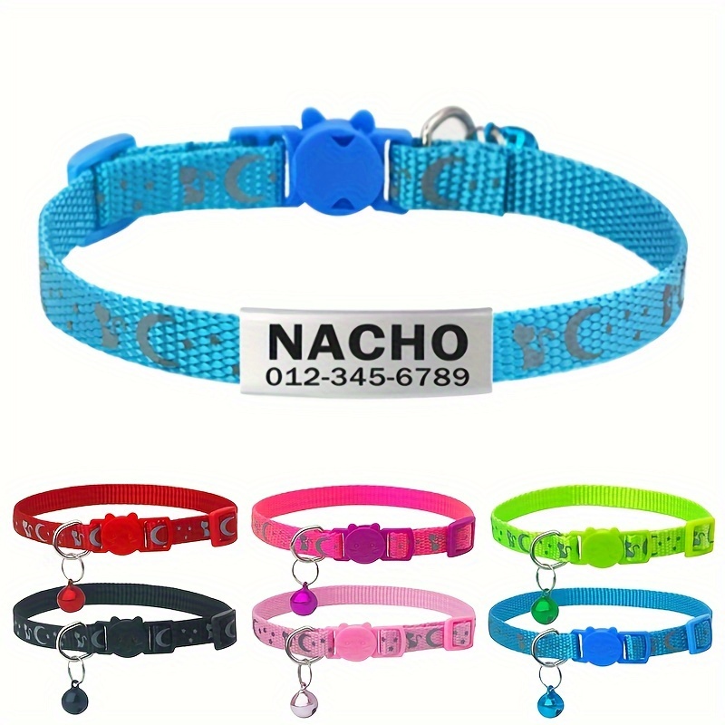 TEMU Adjustable Reflective Nylon Pet Collar With Design, Safety Quick-release Buckle + Personalized Laser-engraved Id Tag With Name & Phone - Cats &