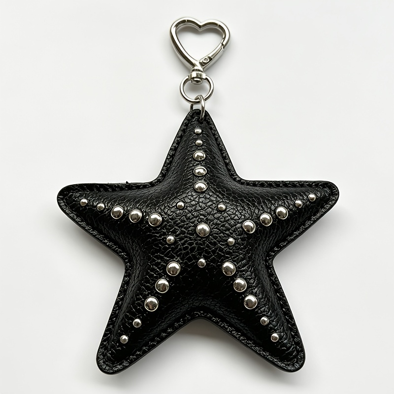 TEMU Pendentif porte-clés style punk noire avec rivets, porte-clés et cool, breloque de sac à boucle cœur , accessoire en cuir PU de grande valeur,