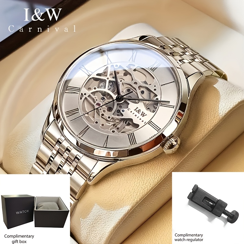 [i&w Carnival] Skeleton Men's Watch | Japanese Automatic Mechanical Movement, Fashionable Business Casual Wristwatch, Stainless Steel, 30m Water Resistance, Without Battery
