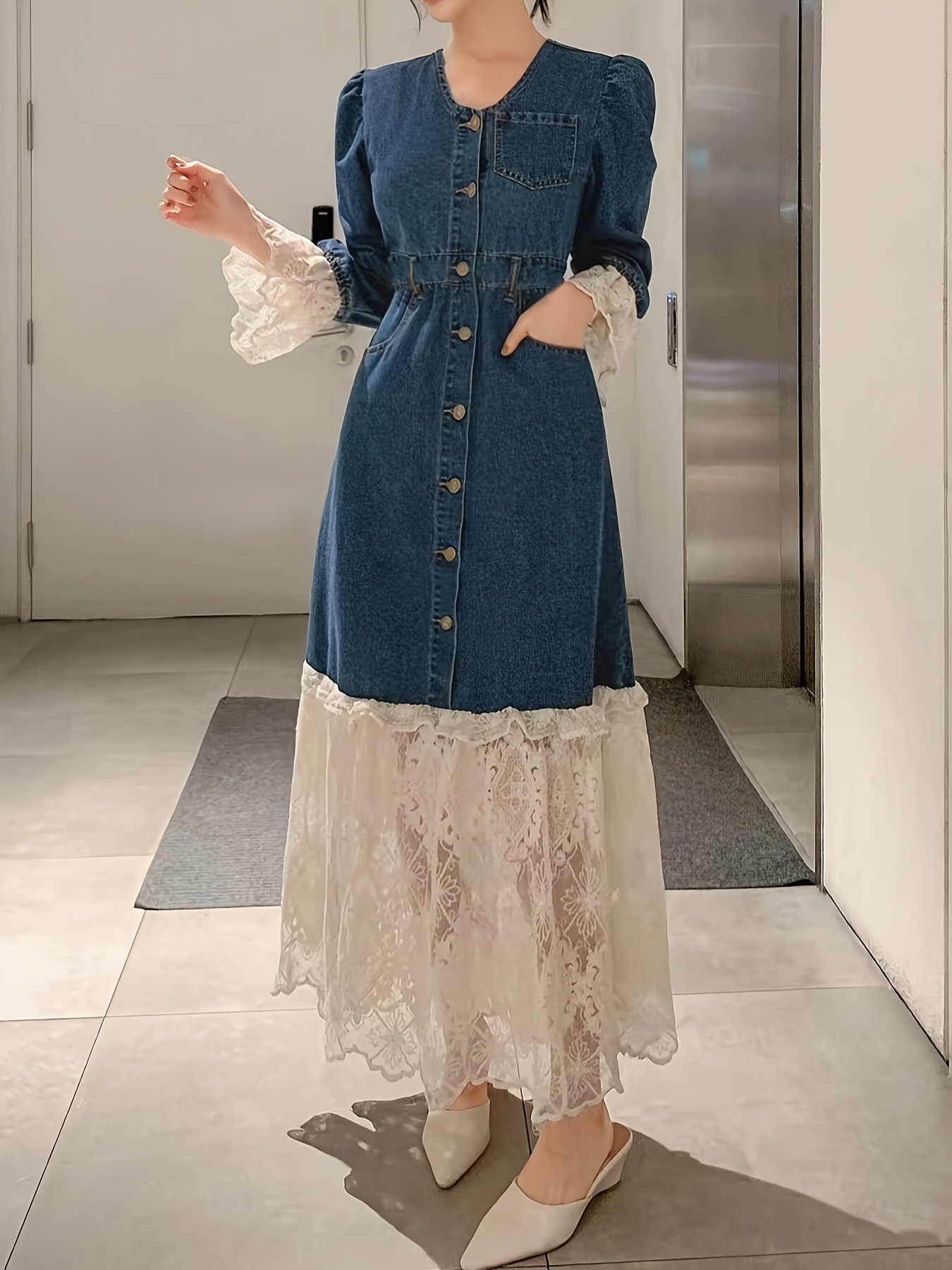 Lace Belted Denim Dress Herlipto Lace Belted Denim Dress デニム