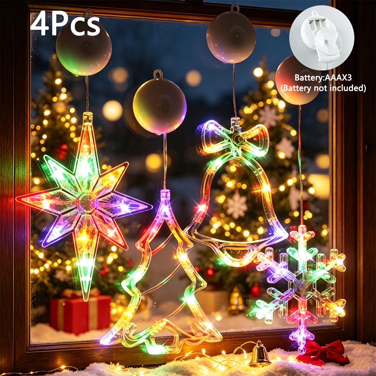 TEMU 4pcs, Multicolor Hanging Suction Cup Led Ornaments, Curtain Lights, Christmas Decorations, String Lights, Bedroom Lights, Battery Powered,