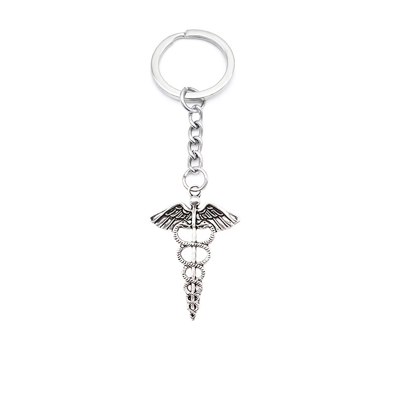 Image of Vintage-inspired Caduceus Keychain - Durable Silvery Alloy, Perfect For Nurses & Healthcare Enthusiasts - Ideal For Purses, Bags, Backpacks & Cars, , Fashion Keychain