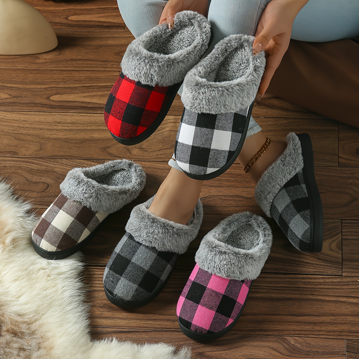 

-lined Gingham Check Slippers For Women - Warm, Non-slip Sole, Footwear In Red/black, , And Pink/ Patterns, Ladies Slippers