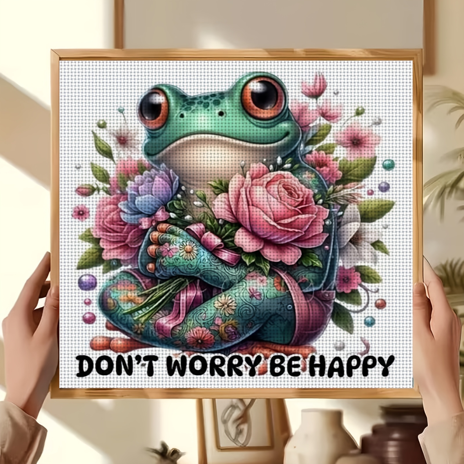 Cross-Stitch Printing Kit, Happy Frog with Flowers Design