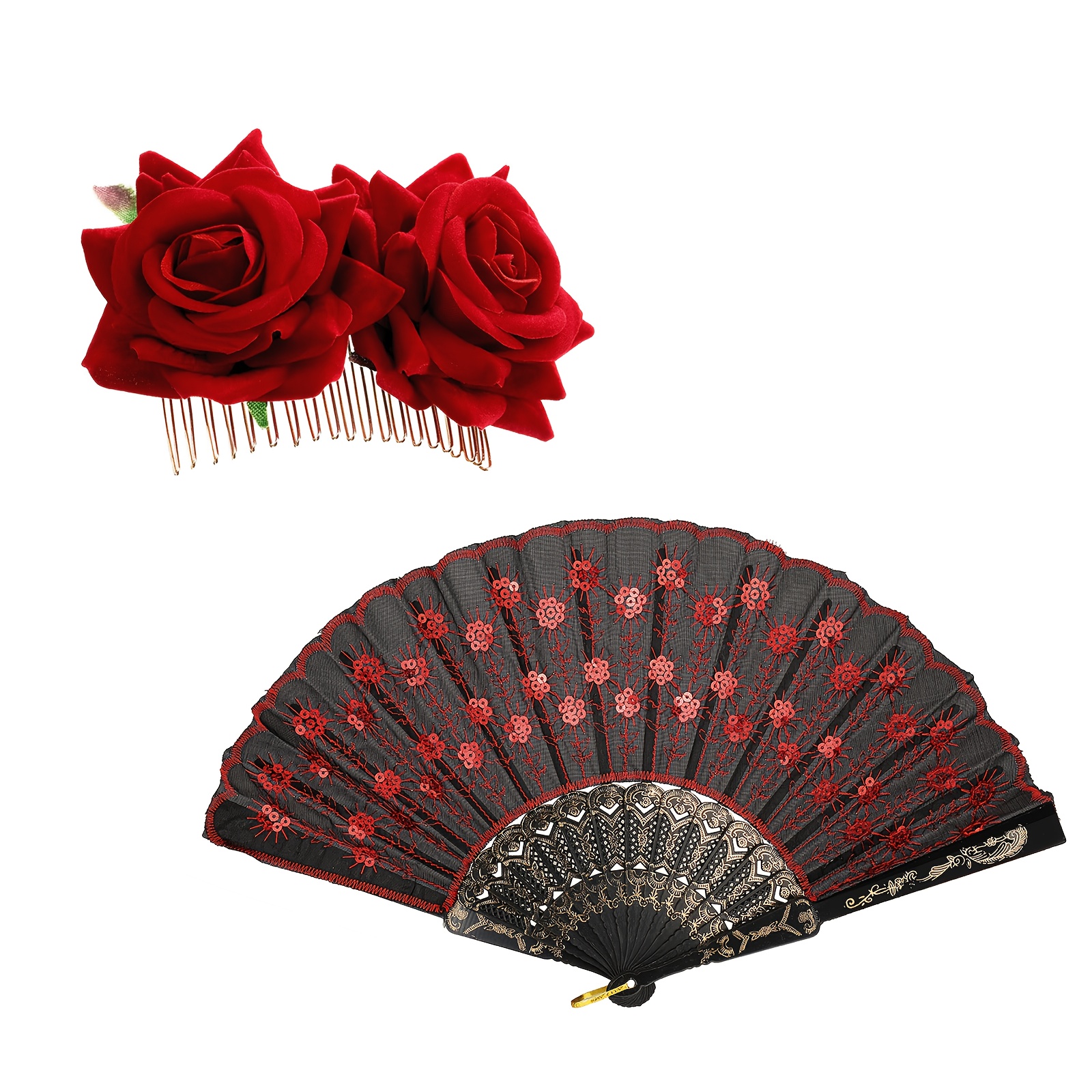 TEMU 2pcs Women's Flamenco Dance Costume Set, Including An Embroidered Sequin Fan And Rose Hair Clip. Spanish Dance Attire Suitable For Flamenco