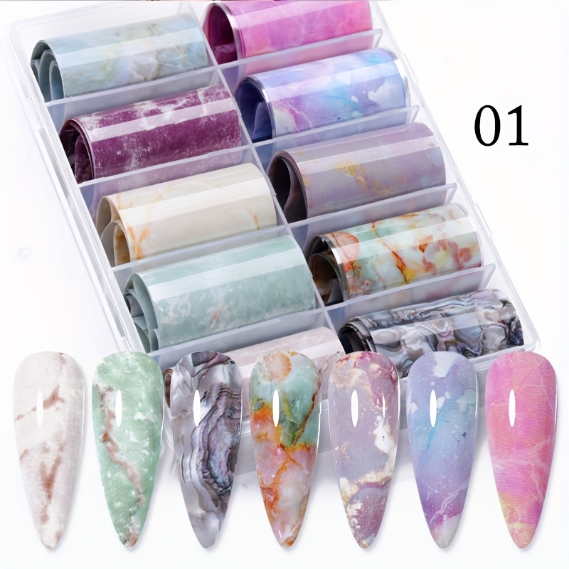 10pcs Box Of Nail Art Marble Pattern Starry , Leopard Print, Colorful Laser Starry , Black And White Checkered Snake Skin Art Nail Foil Transfer Stickers