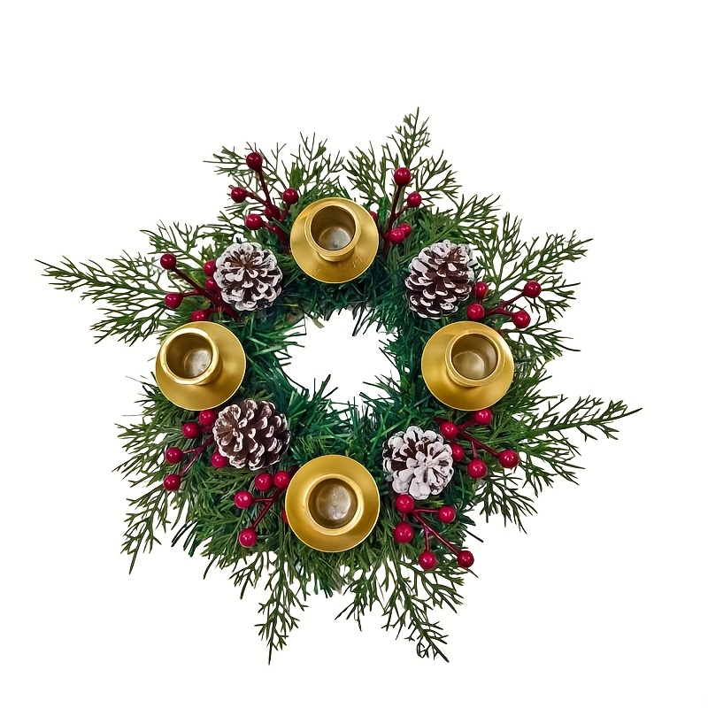 TEMU Christmas Holiday Candle Holder Wreath With Pine Branches, Pinecones, Red Berries, And Golden Candle Cups For Table Centerpiece Festive