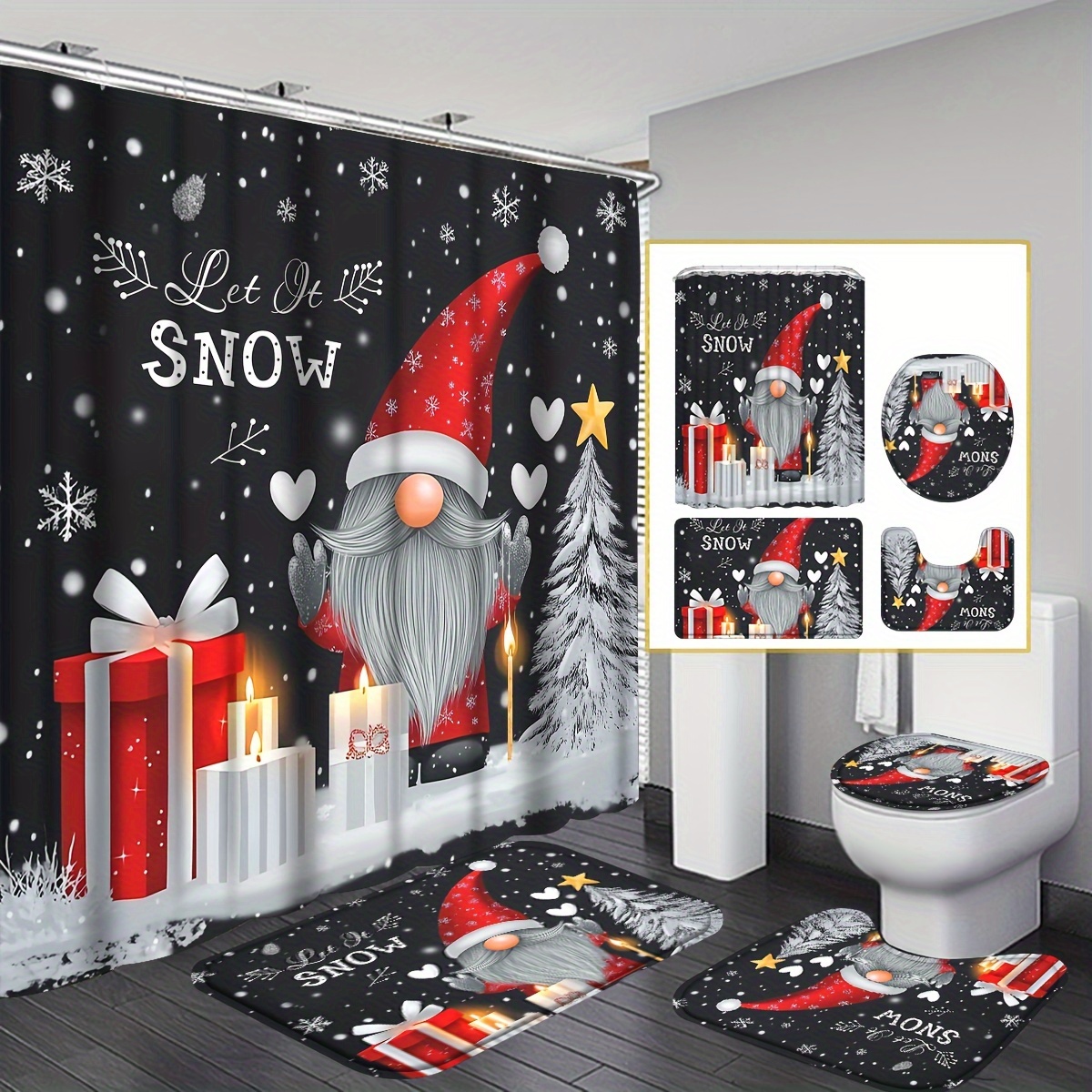 

4pcs Christmas Shower Curtain Set, Vintage Christmas Theme Shower Curtain With 12 Hooks, Non-slip Floor Mat, U-shaped Toilet Mat, Toilet Lid Mat, Winter Curtain & Rugs Set For Bathroom, Bathroom