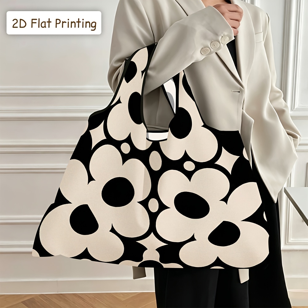 TEMU Bolsa de compras portátil con capacidad para 1 pieza y impresión 2D, bolso tote con temática de anime para mujer con de flores y negro, bolso de