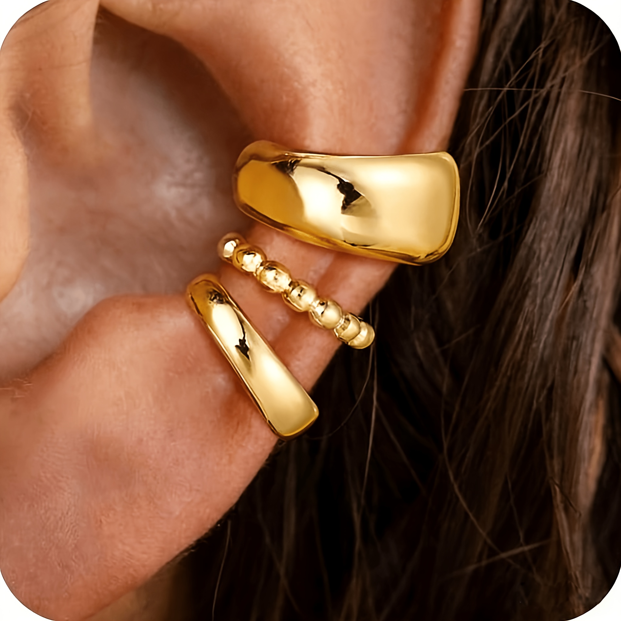 Image of Golden/silvery Plated Ear Cuffs Set Dainty Clip Piercing Stack Small Cartilage Hoop Huggie Trendy Tarnish Hypoallergenic Jewelry Gift