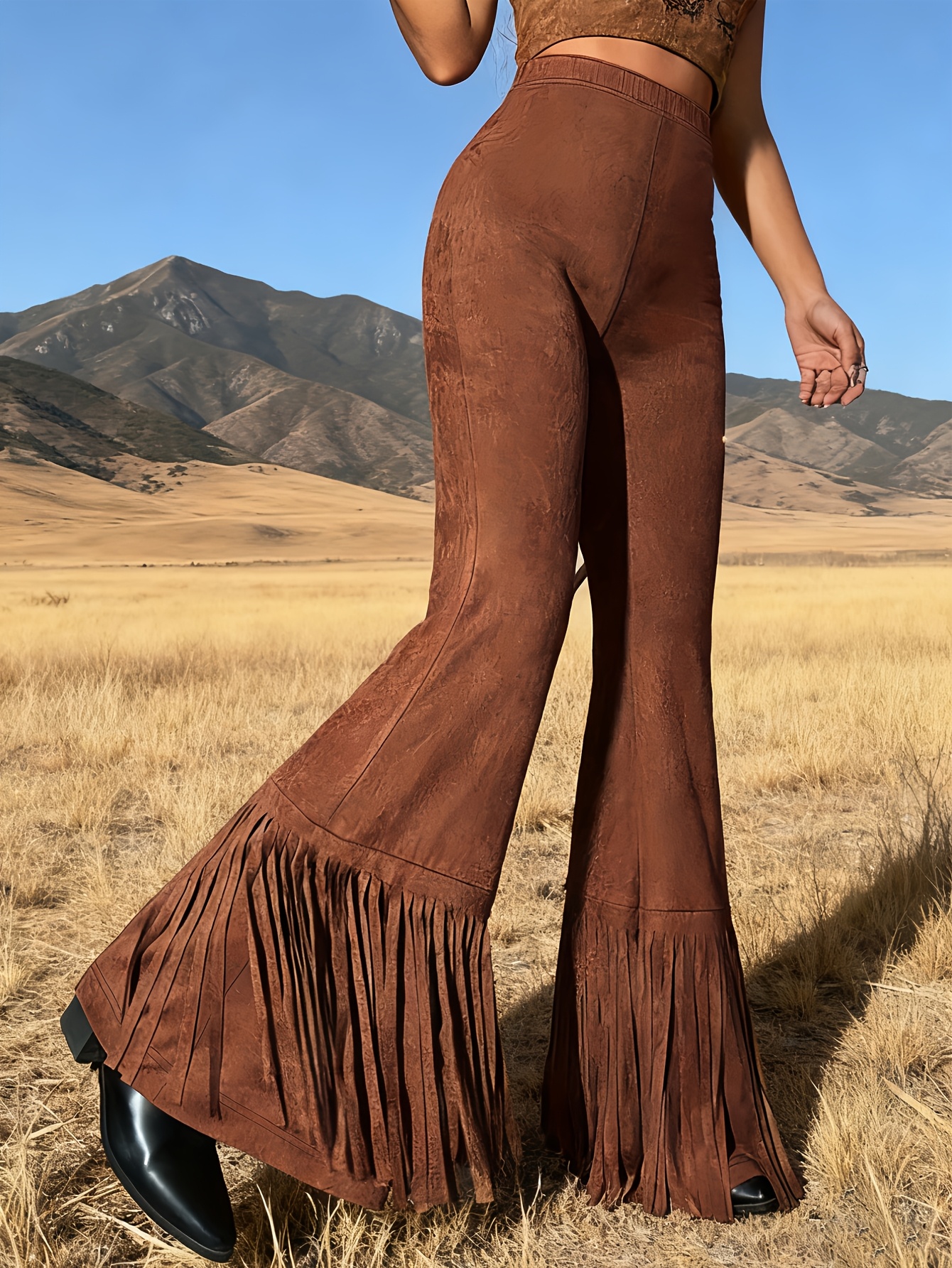 womens y2k vintage wide bell pants fringe hem high - Temu United