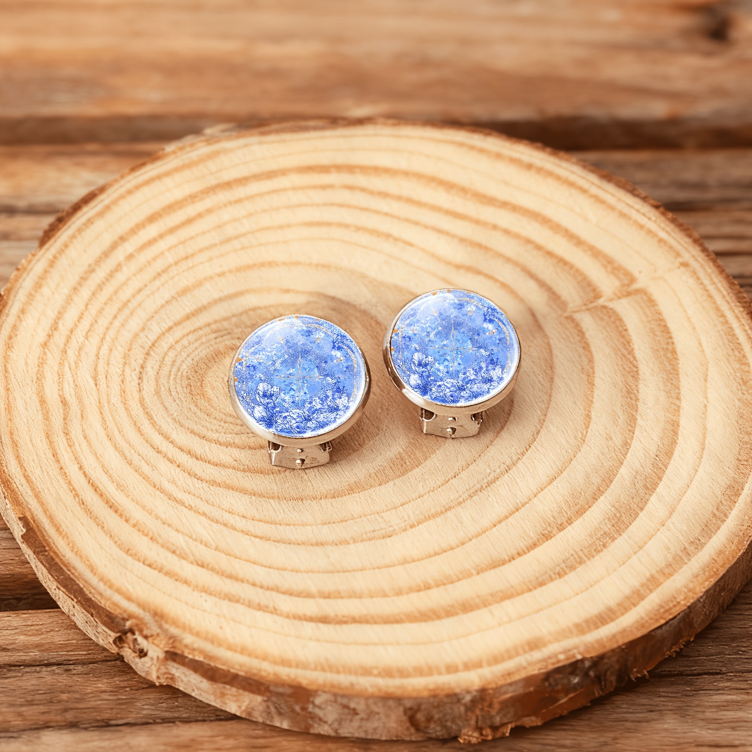 2pcs No-Pierced Ear Clip Round Glass Face Earrings Set