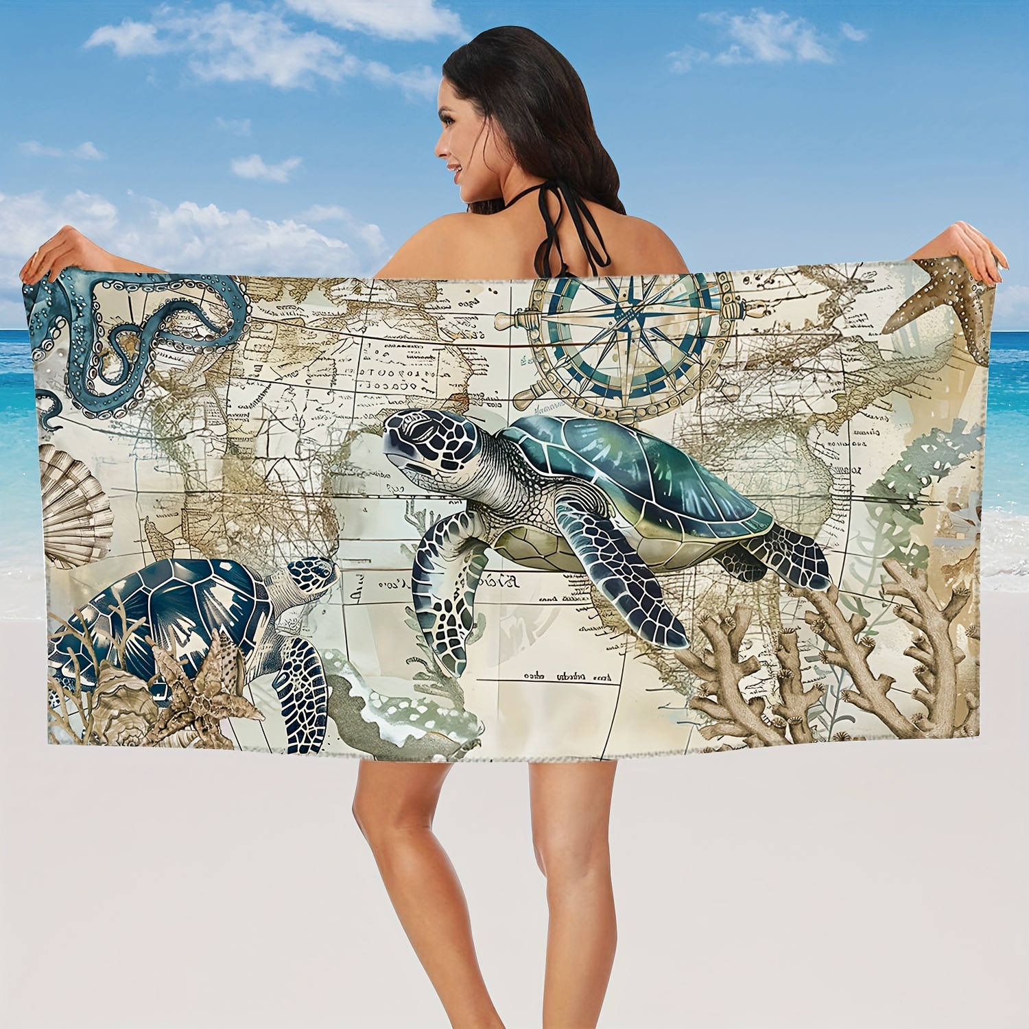 

1pc World Map Turtle Microfiber Beach Towel, Nautical Retro Oversized Beach Towel Lightweight Sandproof Quick Drying Thin Absorbent Towel, Swimming Pool Camping Beach Accessory