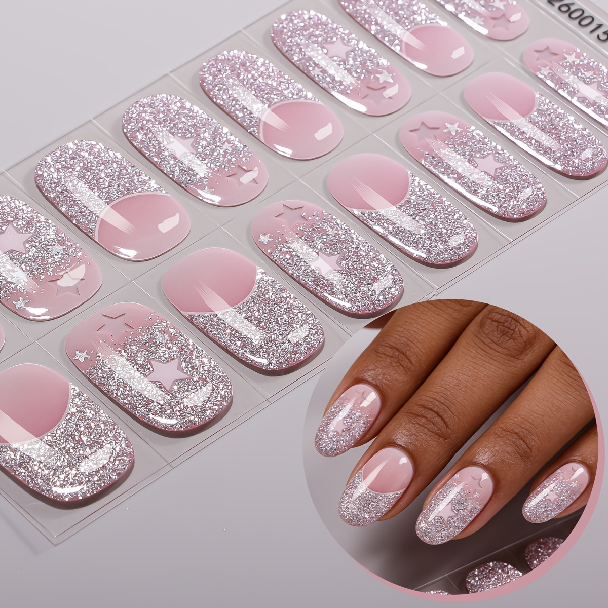 16pcs Spring/ Gradient Silvery Glitter Semi-cured Gel Nail Strip, Star Decorations Exquisite Luxe Style Nail Stickers, Self-adhesive Easy To Apply, Suitable For Women And Home Manicure