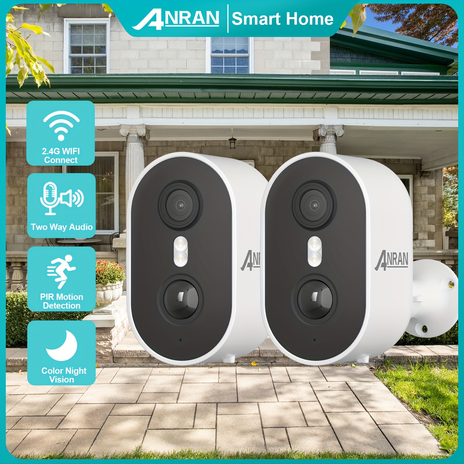 2pcs ANRAN Caméra de surveillance de sécurité extérieure sans fil à énergie solaire 3MP | Audio bidirectionnel, Détection de mouvement PIR, Alarme, 3 Vision nocturne, Stockage cloud uniquement, Non, Résolution vidéo 1296p