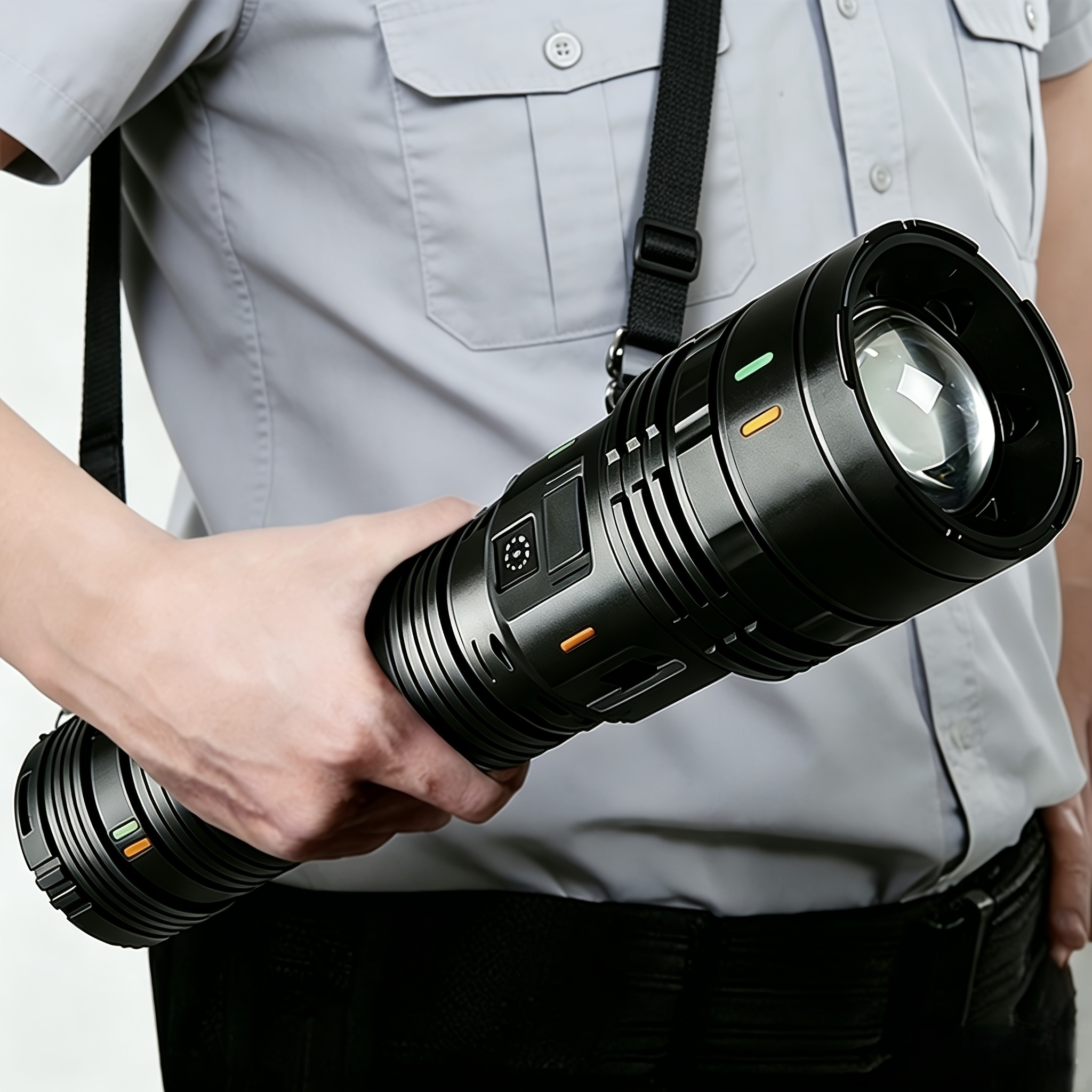 this   flashlight supports usb charging features a 3600mah high capacity battery has an ip44 protection   and   with a shoulder   is suitable for outdoor activities work home patrol and fishing ip44