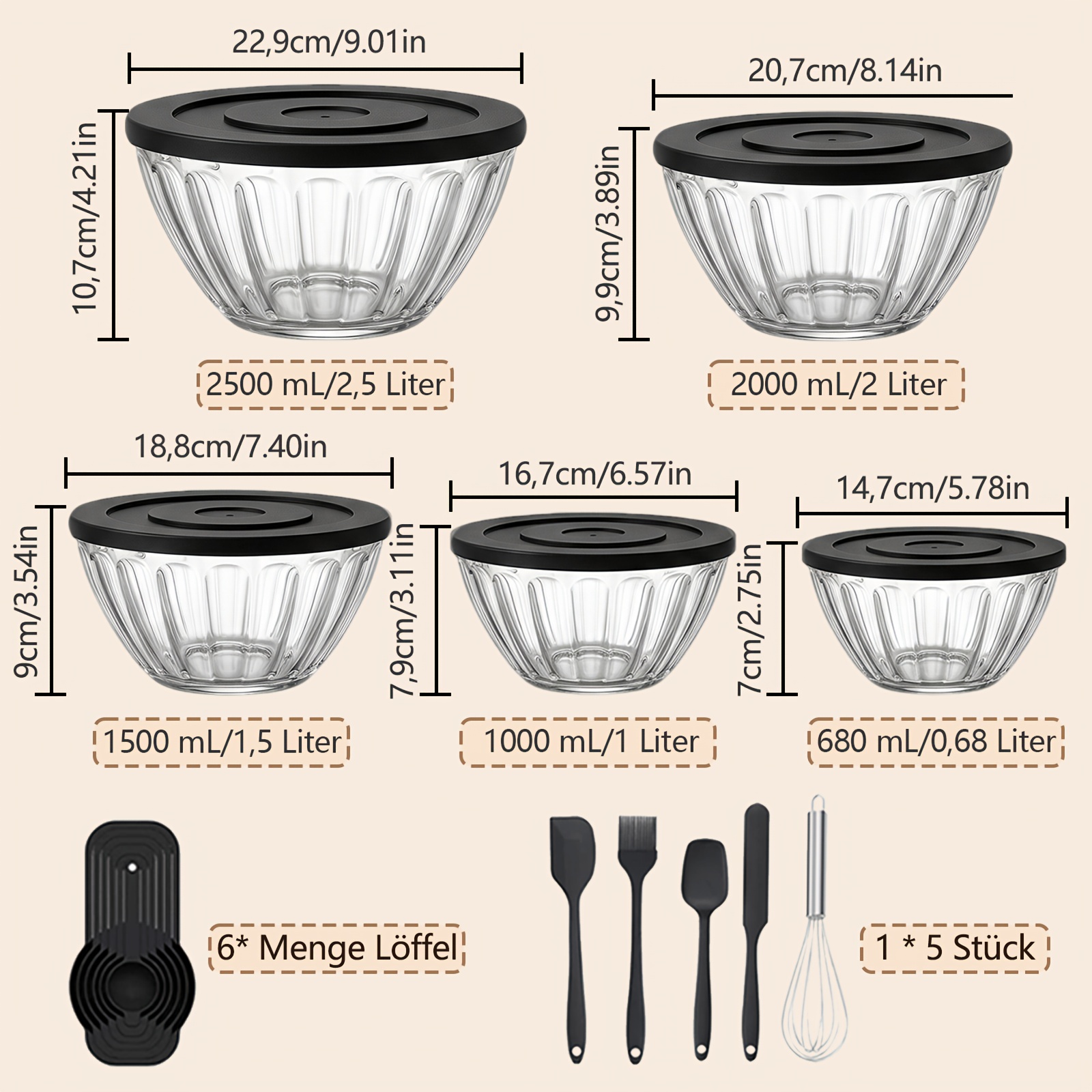 Image of 16pcs Salad Bowl With Lid, 5 Salad Bowls With Lid + 1 Accessory, For Baking And Whisking, Ideal For Salad Preparation, Kitchen Essentials, Dishwasher Safe
