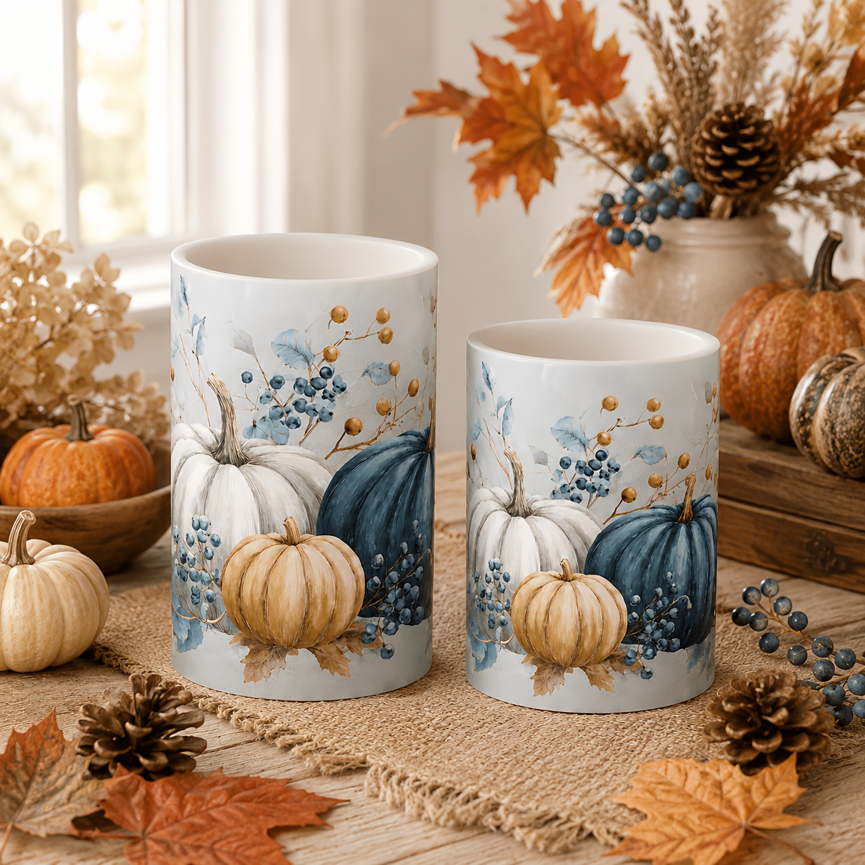 TEMU 2pcs Autumn Pumpkin Led Candle Light, Warm Light Flameless Candle Light With Blue And Berry Pattern, Autumn Decorative Cylindrical Candle, Used