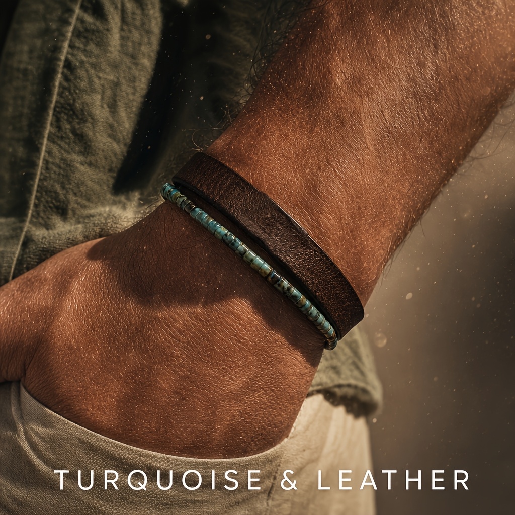 Image of 2pcs, Men's Turquoise Beaded Leather Bracelet Set - Green Jasper Bead Bracelet For Men - Brown Leather Bracelet - Vacation Matching Bracelet Set, Halloween And Christmas Gifts