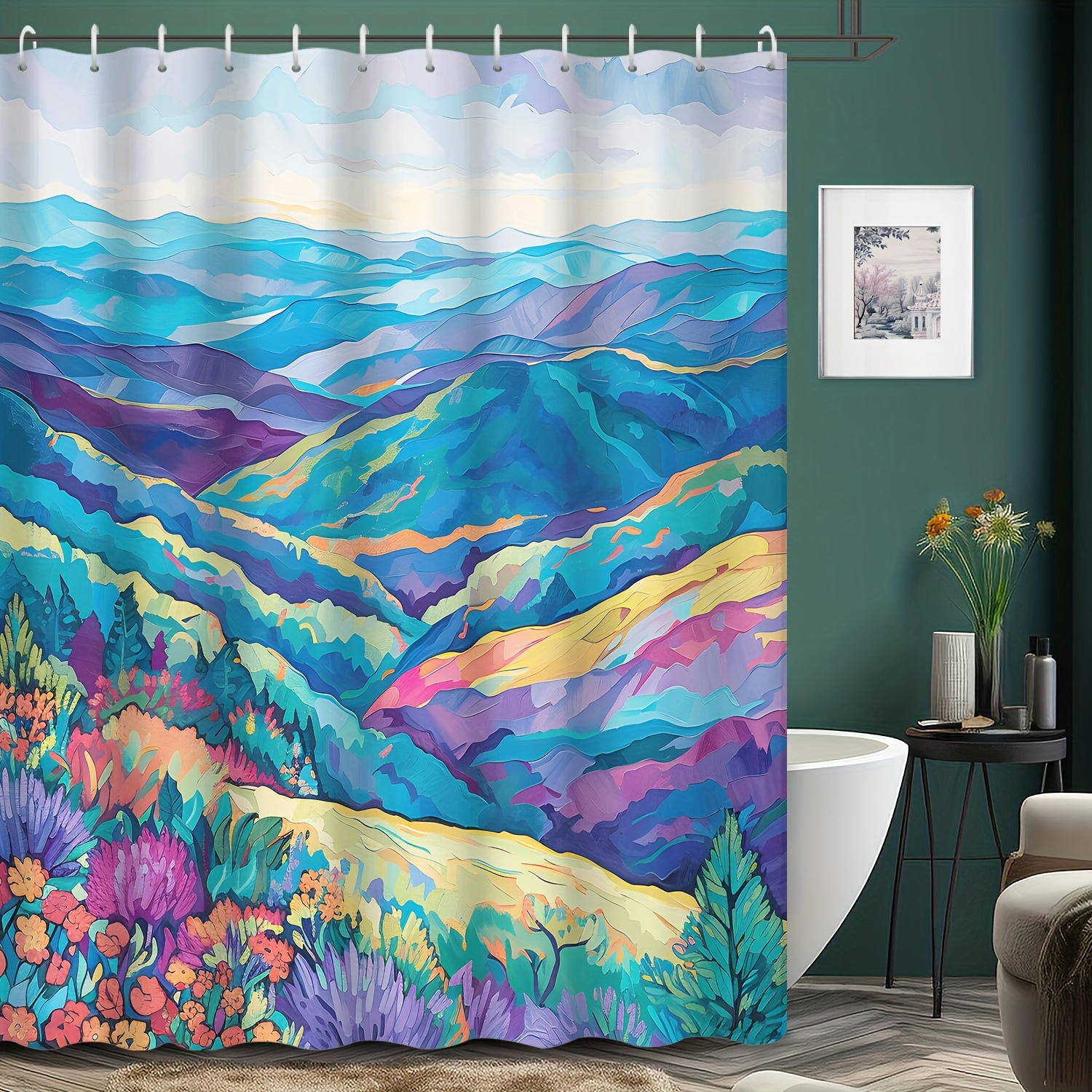 

1pc Colorful Mountain Pattern Shower Curtain, Waterproof Decorative Bath Curtain, Anti-mold Bathroom Partition With Hooks, Home Bathroom Decor