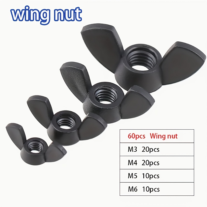 TEMU 40/60pcs Écrous à ailes métriques noirs en nylon, Écrou à ailes, Le modèle comprend divers ensembles de combinaisons de classification de