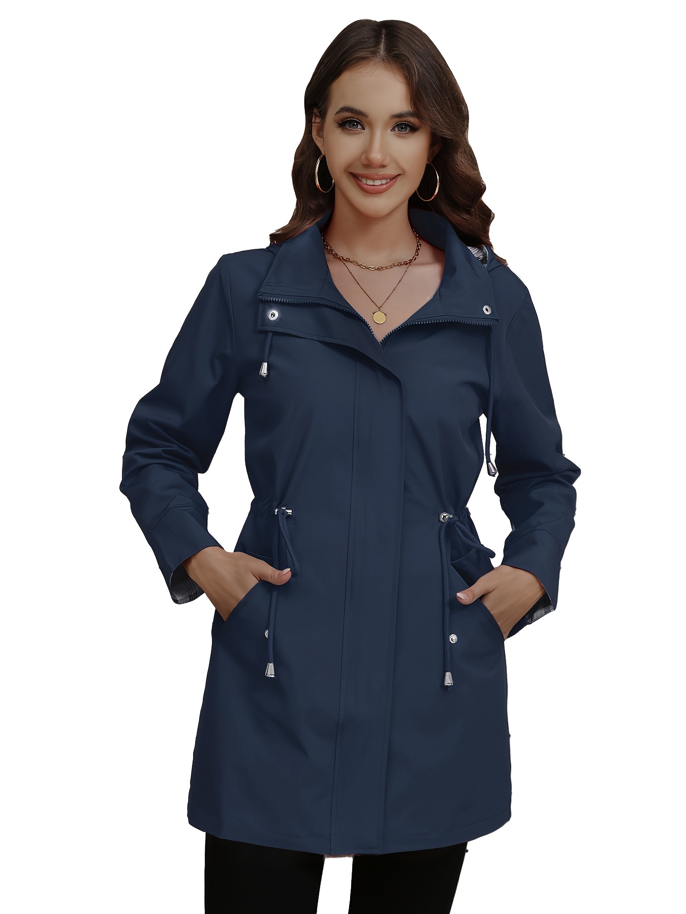 womens long sleeve hooded drawstring waist pockets zipper jacket womens outdoor wear clothing