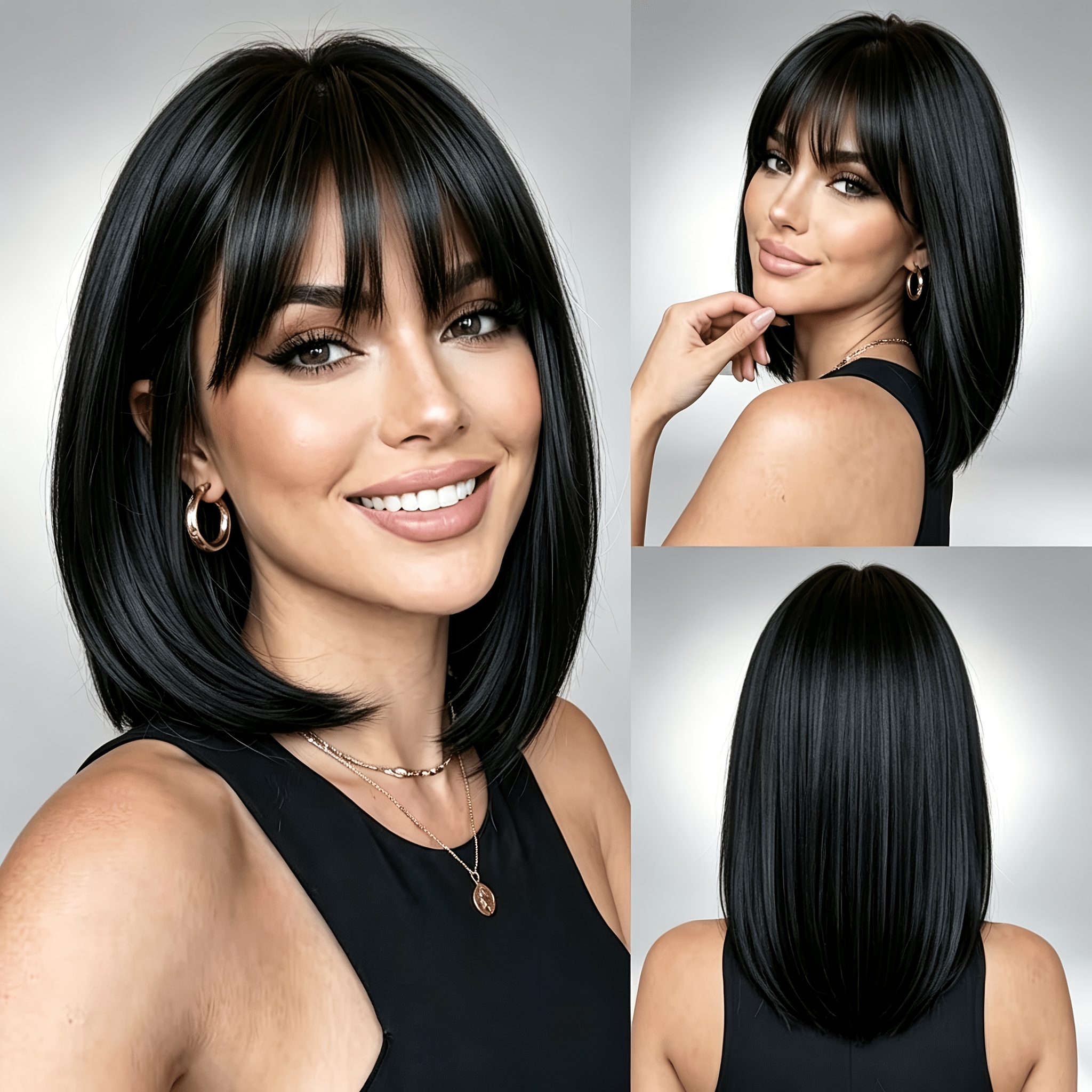 TEMU Women's & Unisex Straight Bob Wig With Bangs Suitable For Daily Wear, Parties, Photo Shoots - 14-inch/35cm Heat-resistant Synthetic Hair,