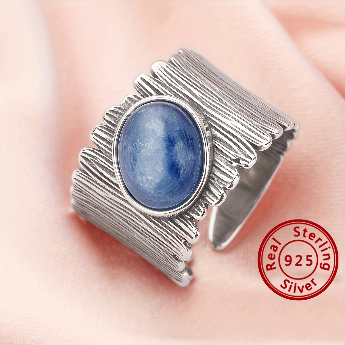 

925 Sterling Silver Inlaid Oval Natural Blue Crystal Stone Vintage Open Adjustable Ring Elegant Finger Jewelry Gift For Women With Gift Box