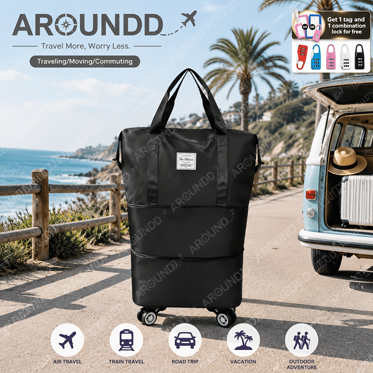 TEMU Storage Bag/ 360° Rotating Universal Wheels Detachable Travel Bag. Bonus: 1 Random Lock + 1 Travel Tag. 3-in-1 Expandable Foldable Travel