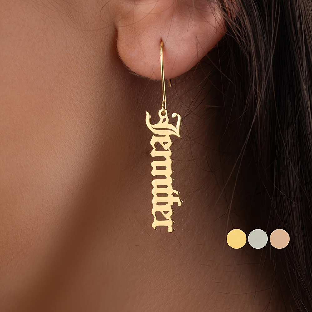 

18k Golden Plated Elegant Custom Old English Earrings, Personalized Simple Stainless Steel Dangle Earrings For Women, Fashion Daily Wear Jewelry, Valentine's Day And Christmas Gift Idea