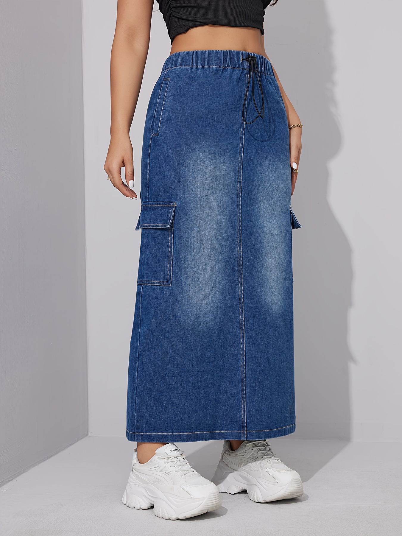 【BAON】Dicto String Pocket Long Denim Skirt Amazon.com: Long Denim Skirt for Women Casual A-Line Denim