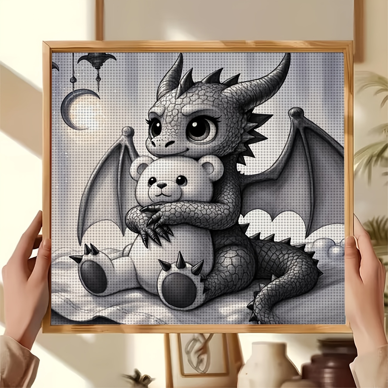 Cross Stitch Printed Kit, Frameless, Dragon Hugging Teddy Bear Pattern