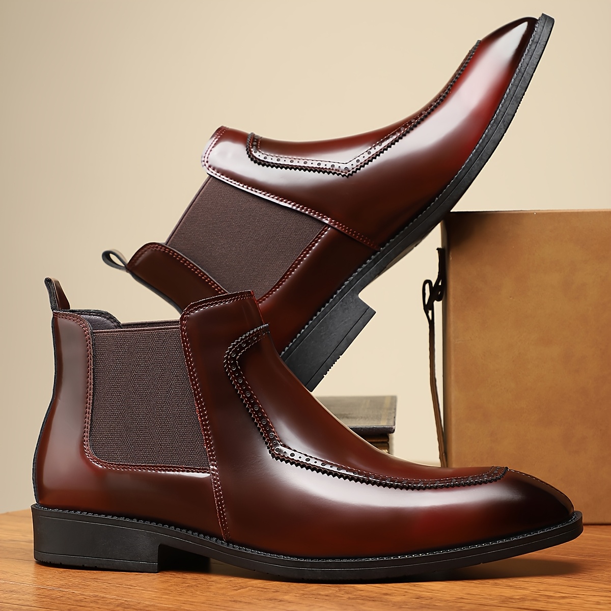 Men's Slip-On Boots - Durable Rubber Sole, Black Ankle Boots with Pointed Toe & Elastic Band, All-Season Casual Street Style Shoes