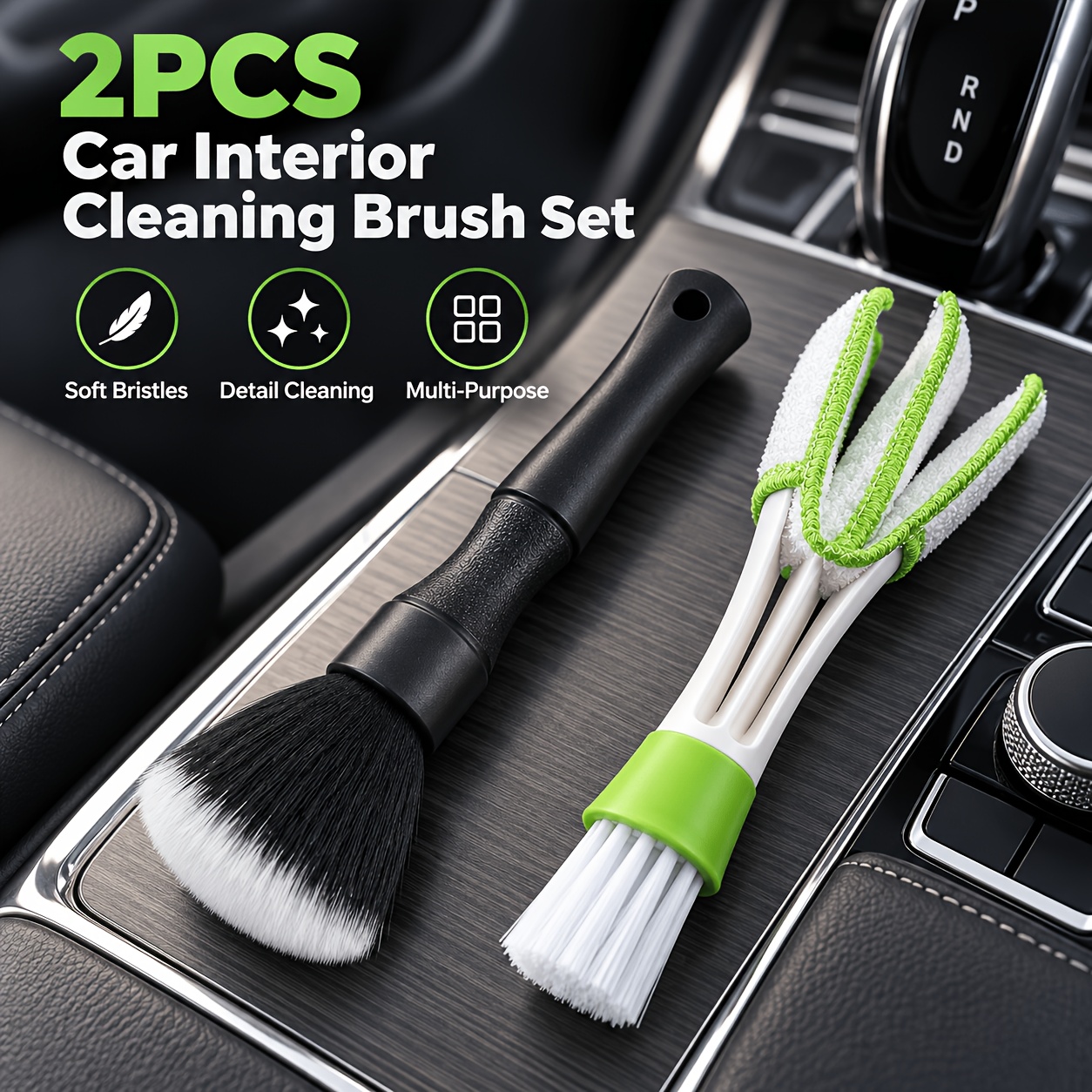 TEMU 2pcs Car Interior Cleaning Brush Set: Long-handle Soft Bristle Dusting Brush + 3-in-1 Multi-functional Detail Cleaning Brush, Dashboard Vent