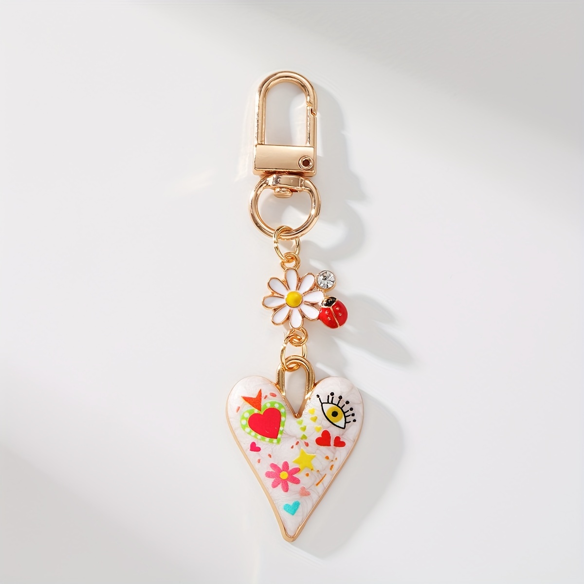 1pc Heart-shaped Alloy Keychain With Colorful Eye & Nature Charms - Ladybug And , Lobster Clasp Closure - Ideal Birthday Or To Love, Luck, And