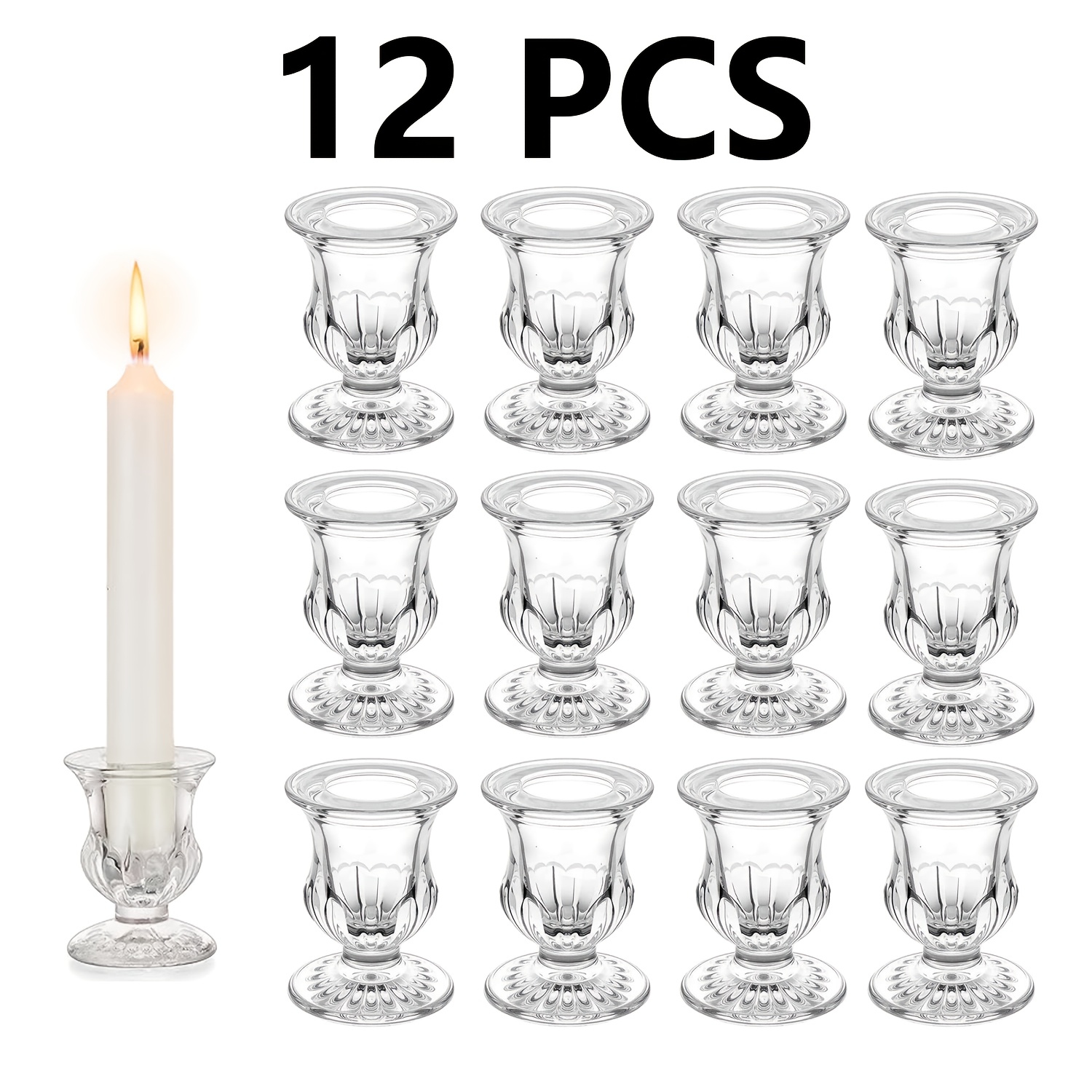 TEMU 12/6pcs Taper Candle Holders, Glass Candle Holder, Clear Small Candlestick Holder Bulk, Thicker Glass Candle Sticks Set, For Wedding, Christmas