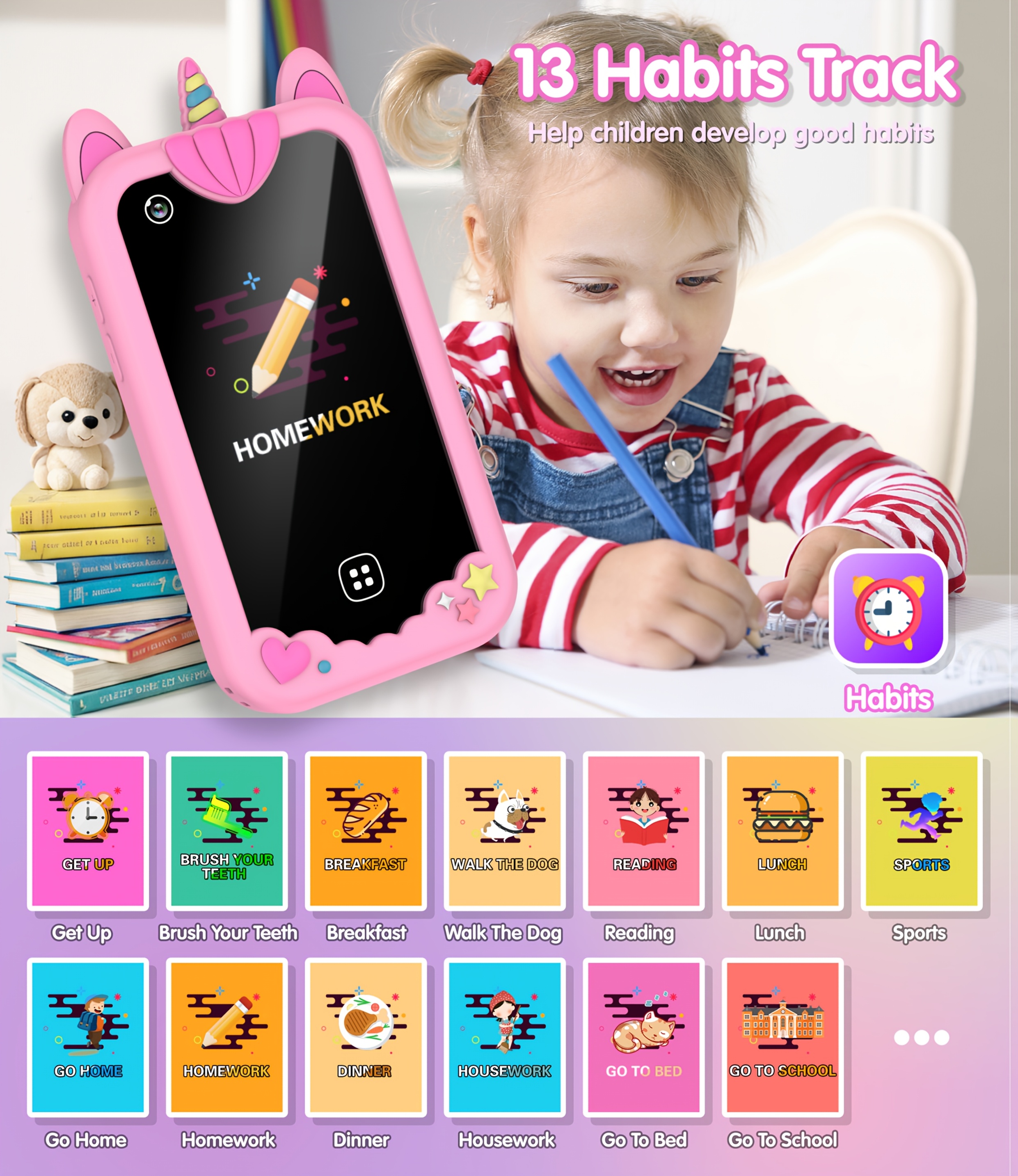 phone with a 2 8 inch tft screen supports six languages features time teaching alarm clock calendar calculator led lighting   drawing measuring tools and is the best toy for kids details 3