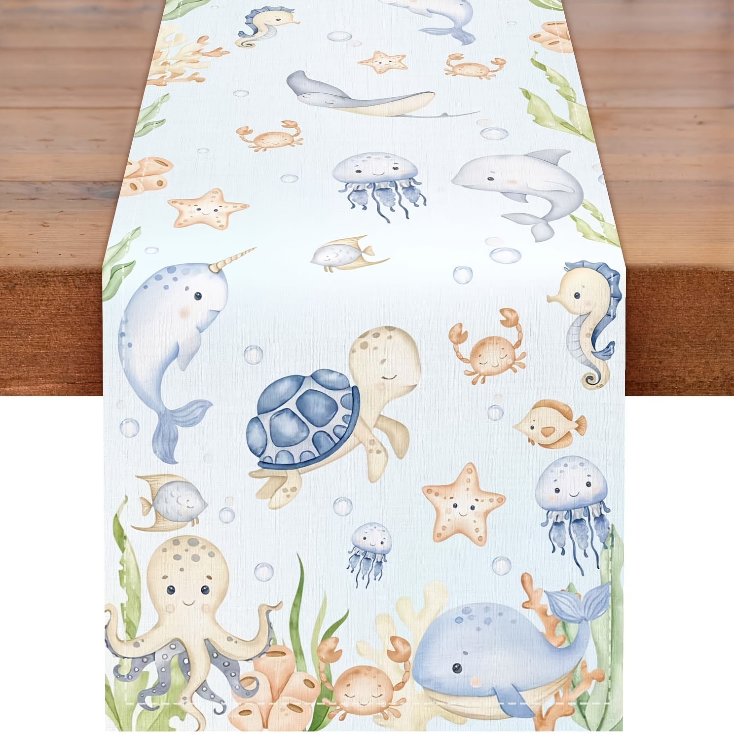 TEMU 1pc Linen Texture Spring/summer Table Flag - Cute Underwater Animal Theme - Festivals, Birthdays, Anniversaries - And Catering Decoration