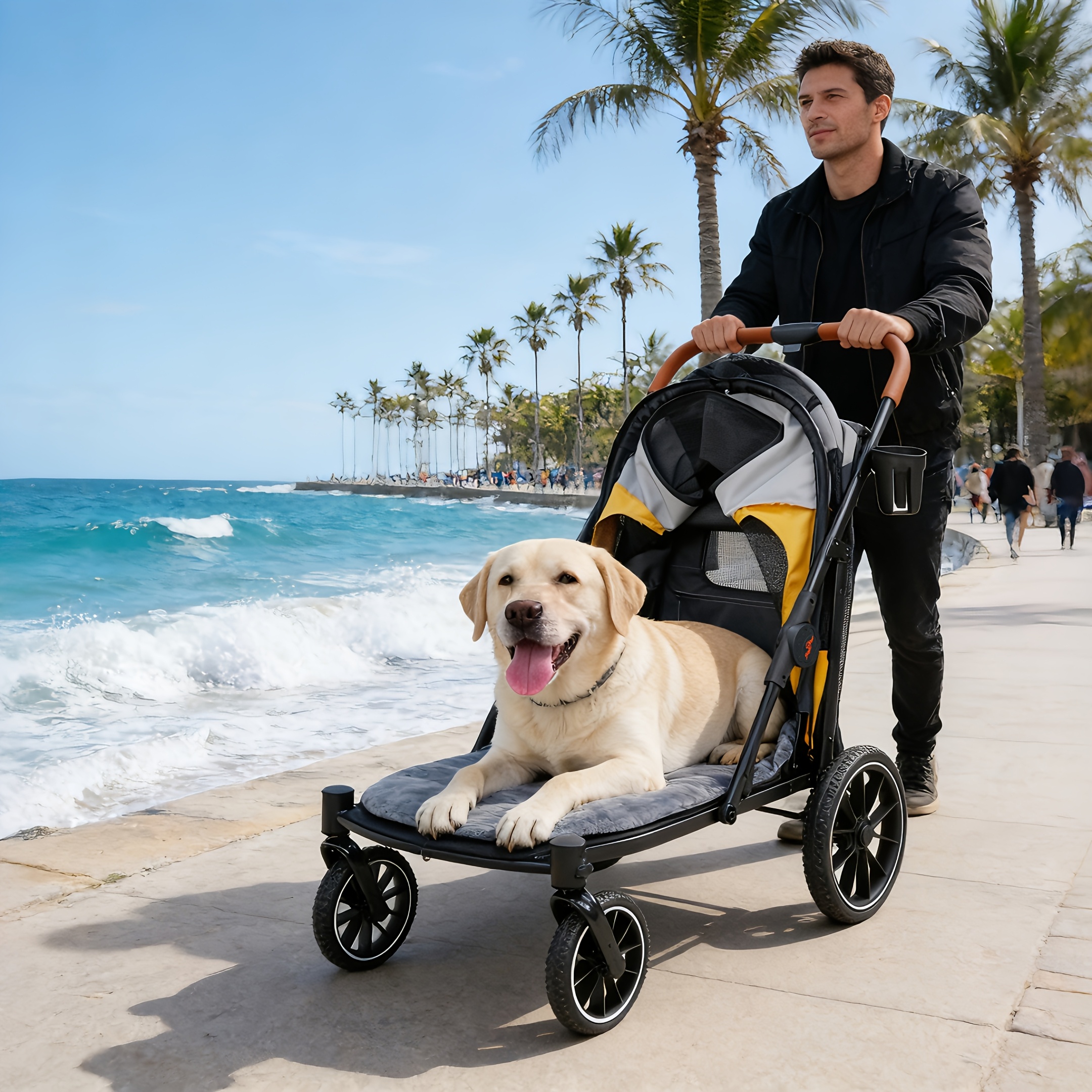 Large Dog Stroller with 4 Wheels: Foldable Pet Stroller for Medium Large Dogs Up to 42Kg, Dual Entry Pet Stroller with Mesh Windows, Storage Pocket, Cup Holder And Brake System, 86X65.5X102 Cm - Image 3