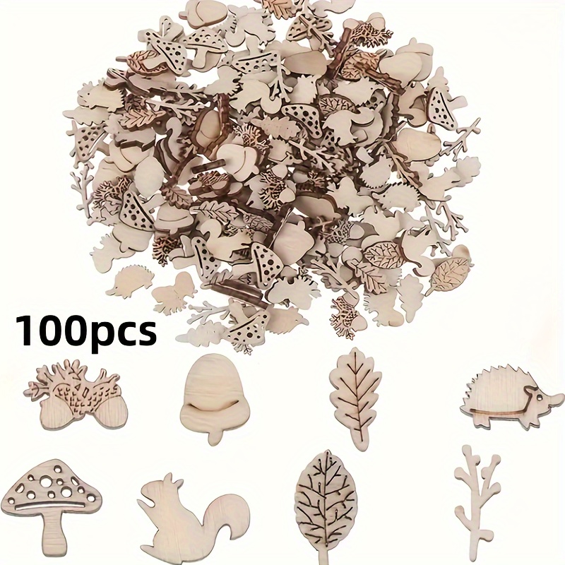 Image of 100pcs Vintage-inspired Wooden Ornaments - Squirrel, Pineapple, Mushroom Floral Designs For Crafts And Holiday Decorations