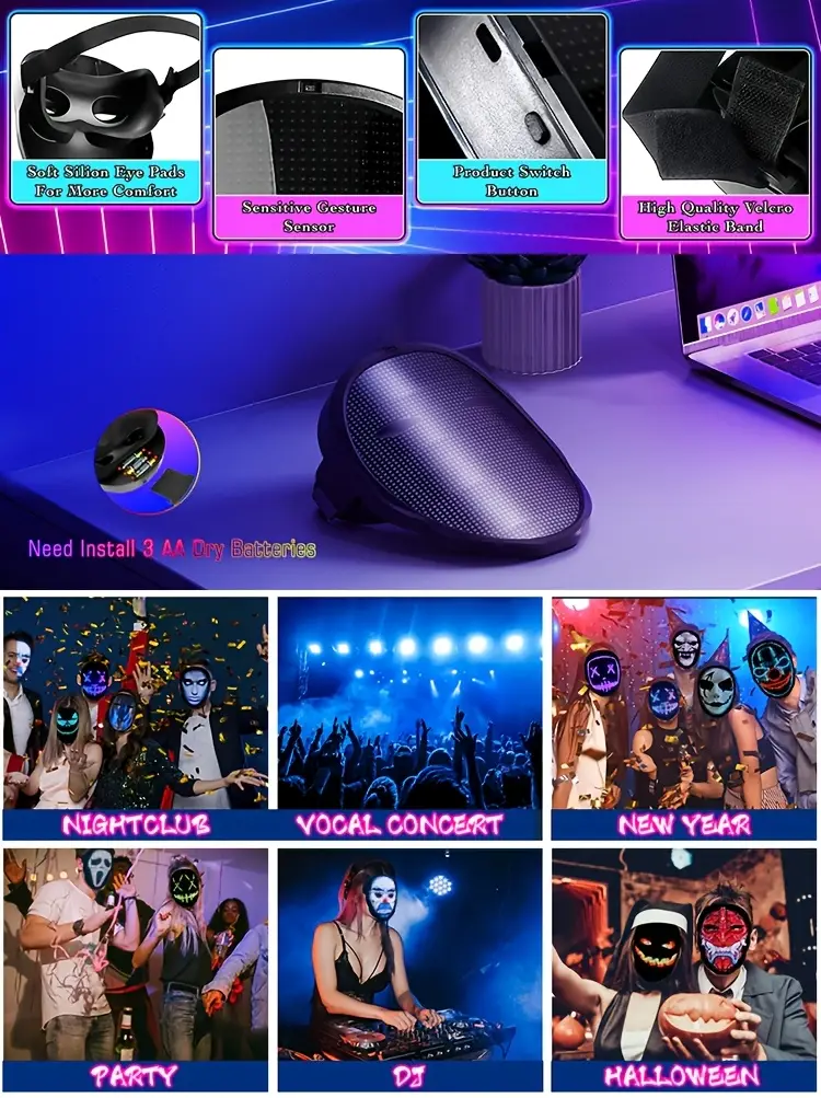 led mask with app control & gesture sensing - programmable party mask, real-time lighting effects, compatible with smartphone, for halloween, christmas, cosplay, carnival - adult costume party mask (batteries not included) - ideal for djs, , event decorations, halloween mask, festive event accessory, vibrant light display, durable plastic body details 2