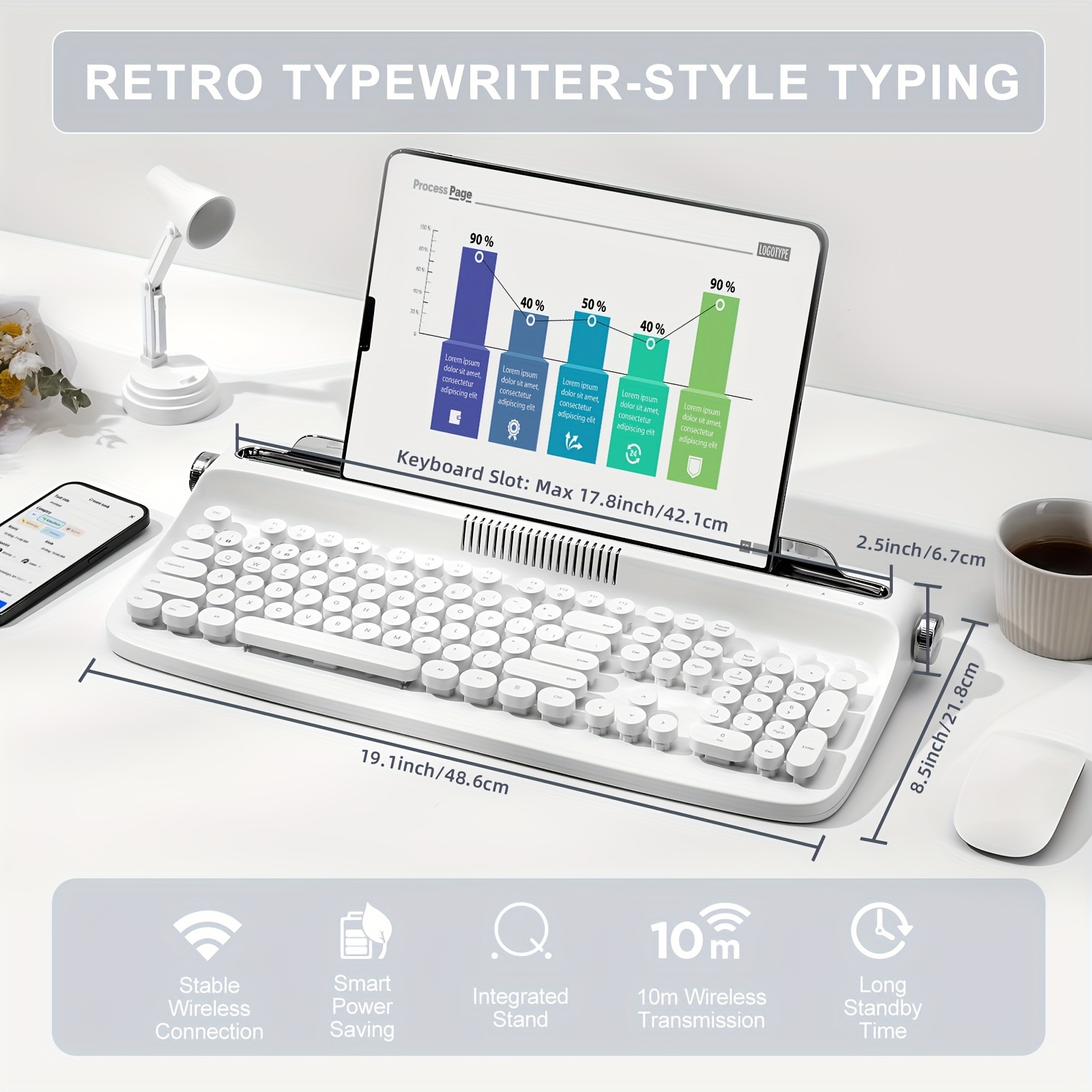  b503 white wireless typewriter keyboard retro bt aesthetic keyboard with integrated stand for multi device details 0