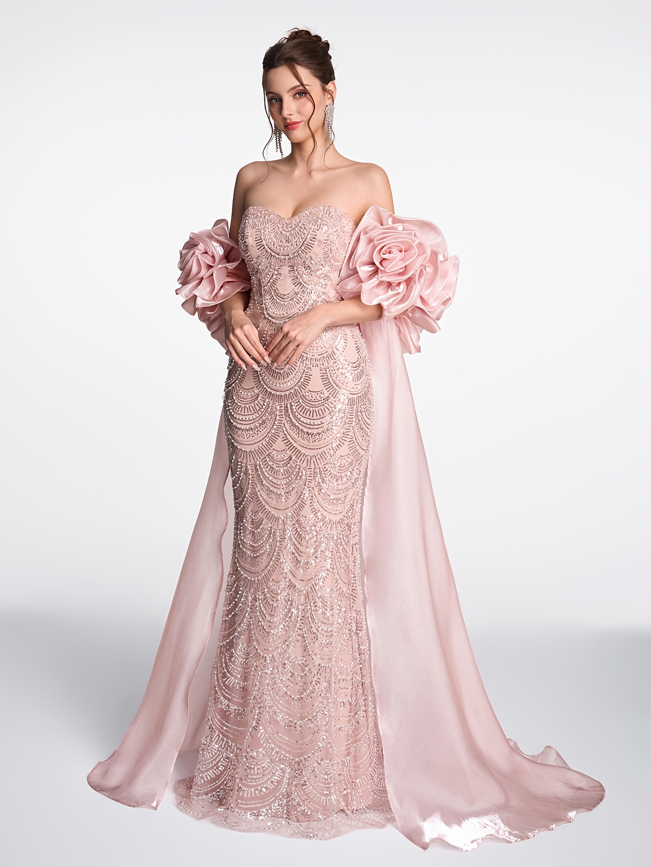beaded fishtail dress Limited edition White evening dress heavy beaded fishtail dress long evening wedding gown female main image 1