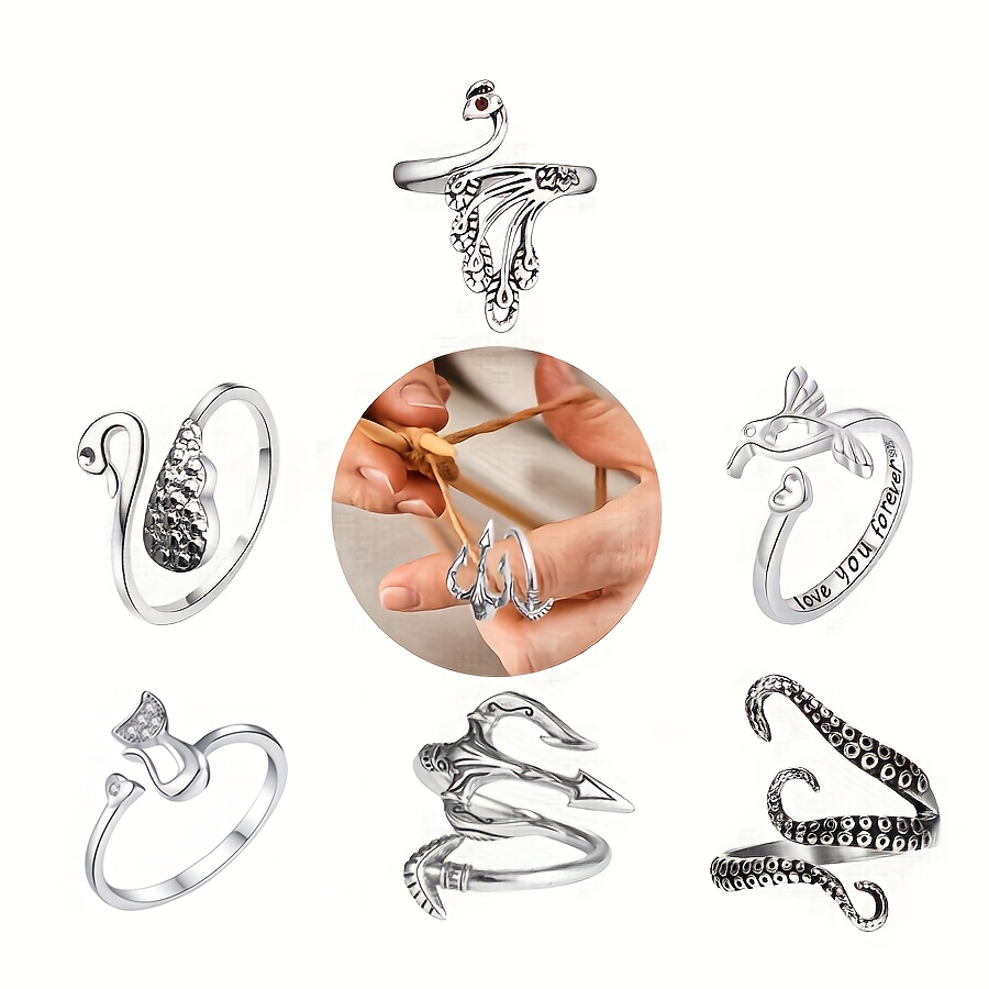 XIHIRCD 4pcs Crochet Rings, Adjustable Crocheting Loop Rings Metal Open Cat Yarn Tension Ring Knitting Thimble Yarn Guide Finger Holder For Mother Grandma Gifts Knitting Craft Supplies(D