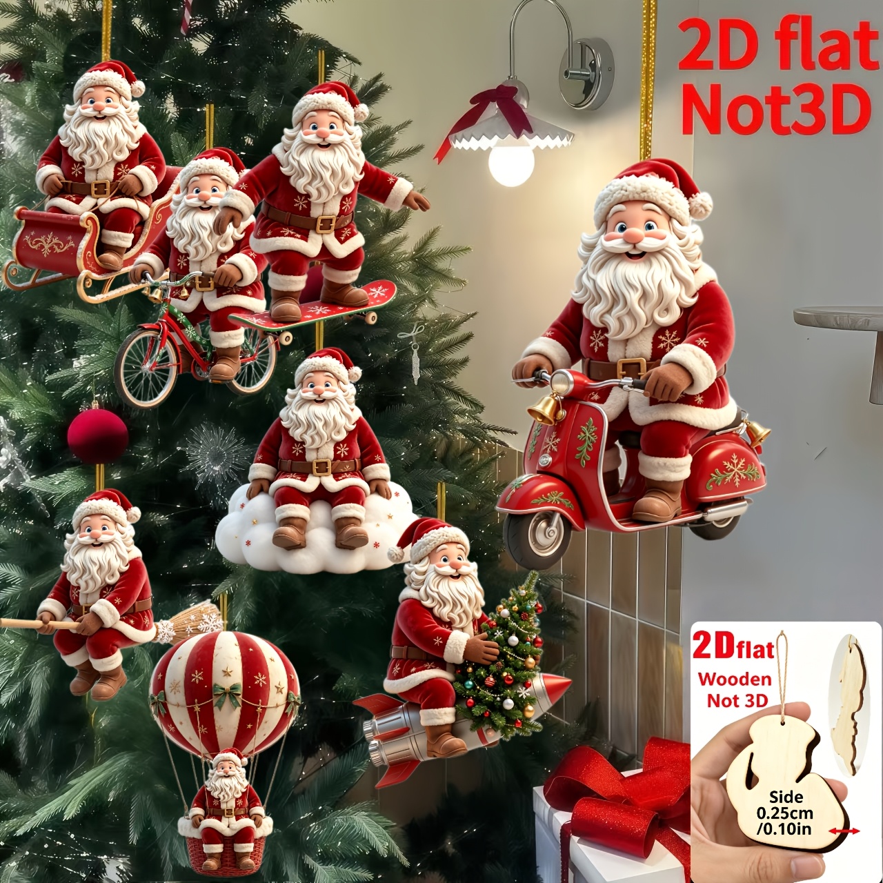 TEMU 2d Flat, 8pcs, 2d Embossed Wooden Home Hanging Ornaments, Christmas, Mother's Day, Father's Day, Santa Claus Holding Christmas Gifts Pattern,