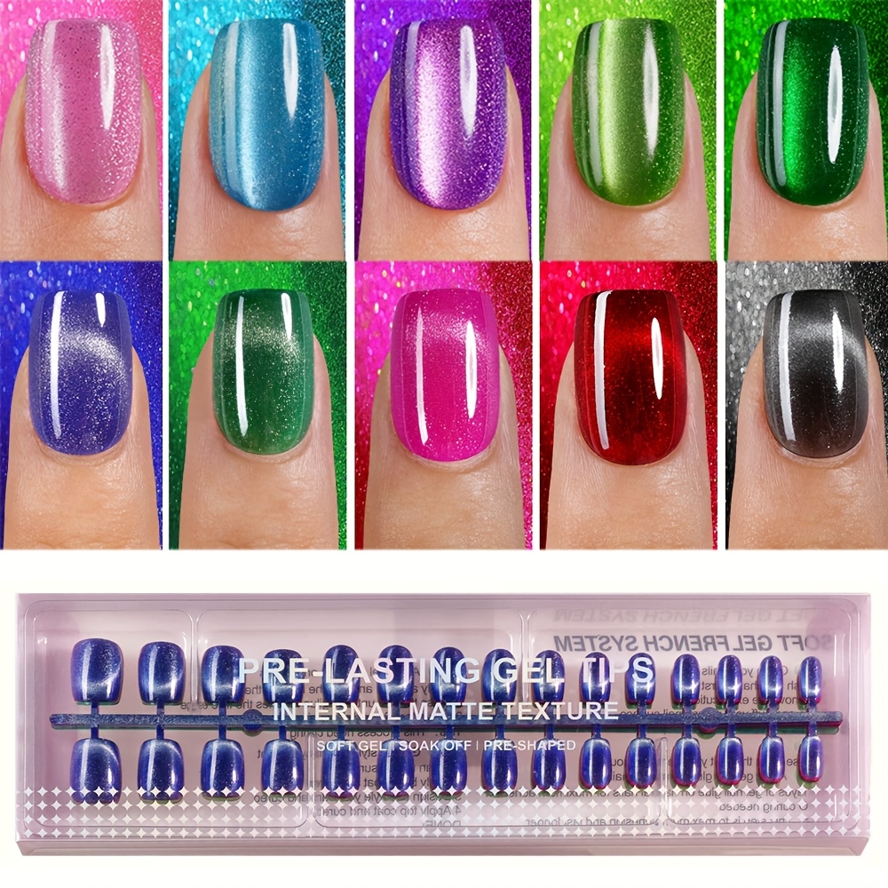 TEMU 300pcs Short Square Cat Eye French Press-on Nails, Soft Gel False Nails, Ten Glossy Cat Eye Color Designed Nail Patches, Suitable For Women And