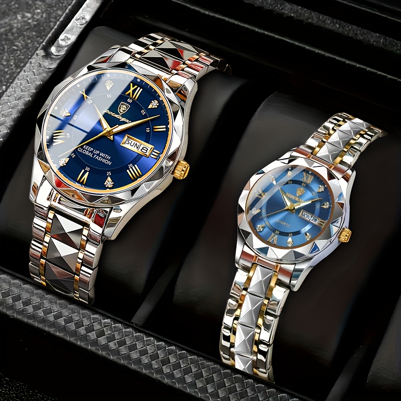A Pair Of Stylish Couple Watches For Men And Women, Featuring Blue , Perfect For Business Attire, Making Them An Ideal Gift For Couples, Without Battery