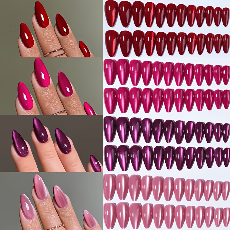 Square Storage Box Set Of 4 Teardrop-shaped Nail Polish Colors: Red, Purple, Pink, Rose - 96pcs Press-on Fake Nails Set, Suitable For Women' Use