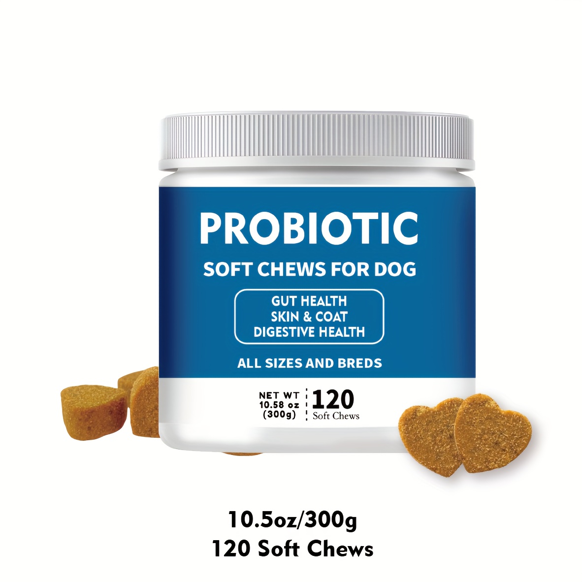 TEMU 120 Count Soft Chew Probiotic & Digestive Enzyme For Dogs - Support For & Light Beige Coat, All Dog Breeds, , Dog Probiotic Chew, Supplement, Clear Label Design, Durable Dog Food