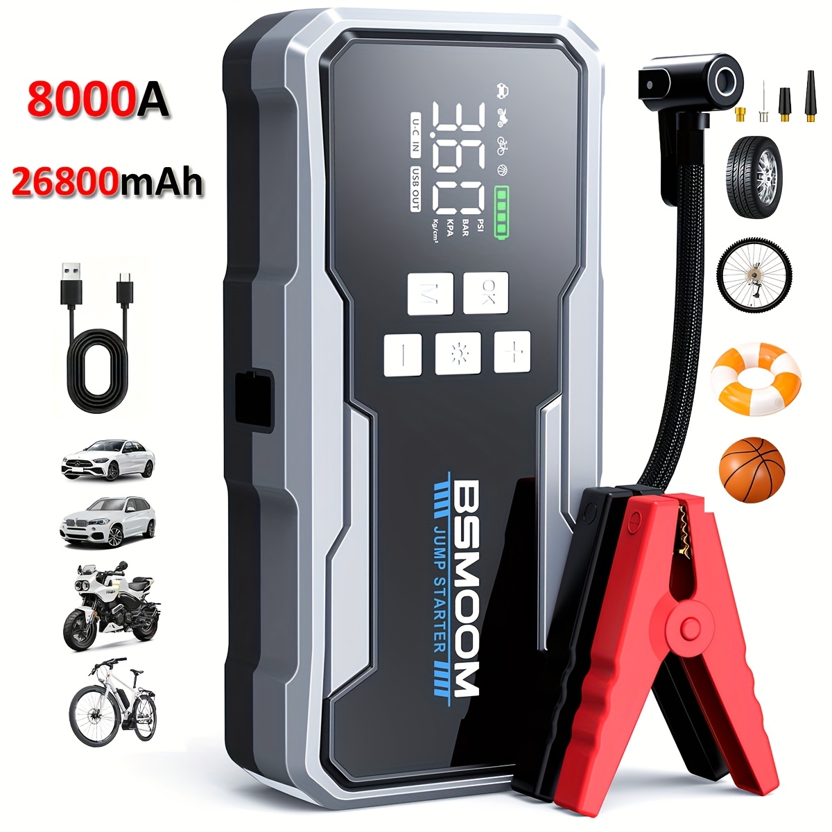 8000A zaganjalnik z zračnim kompresorjem, akumulatorski polnilnik z 21800Mah/26800Mah Power Bankom in LED svetilkami, 12V zaganjalnik za vsa